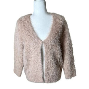 MOLLY BRACKEN Faux Fur Eyelash Cropped Open Front Blush Pink Cardigan Size Small